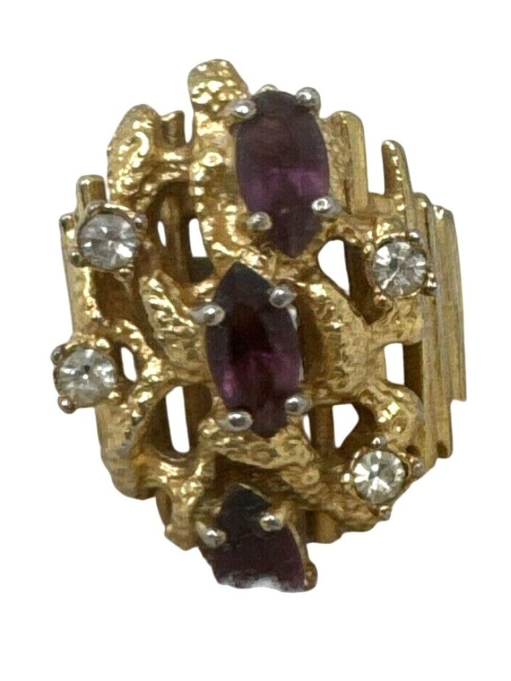 Vintage Aurora Jewelry Co18K Yellow Gold Cocktail Ring Purple & Clear Stones 7/8